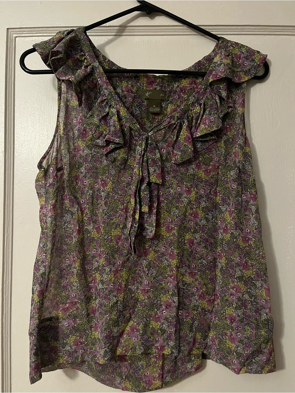 Anthropologie Purple & Green Floral Ruffle Tie-Front Sleeveless Camisole